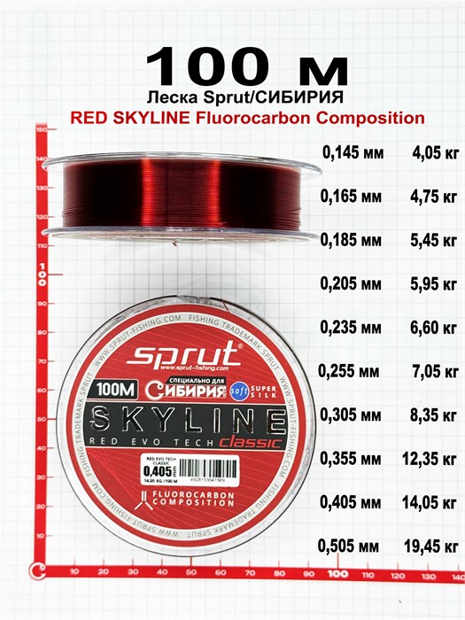 Леска Sprut/Сибирия 100м (RED SKYLINE Fluorocarbon Composition) 2314
